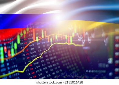 Military Conflict War Russia And The US In Ukraine And The Middle East. Crisis Stock Market Exchange Loss Trading Graph Analysis Investment Business Graph Charts Financial