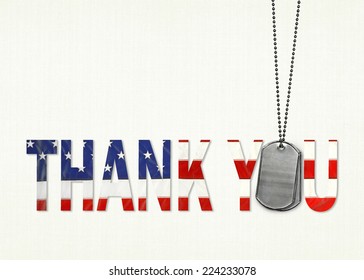 military dog tags with flag thank you on textured background