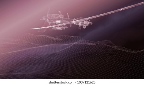 Military Drone Flying Over Surface Net. Armed With Missiles. Violet Background. Wire Rendering. 3D Illustration.