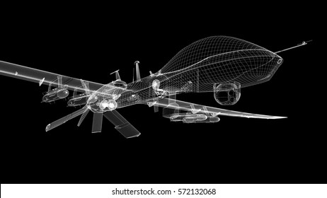 Military drone with missiles. Wire render. Black background. 3d