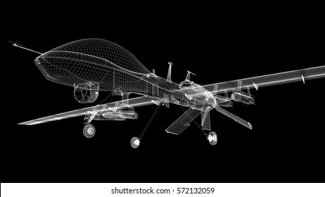 Military drone with missiles.Landing gear down. Wire render. Black background. 3d