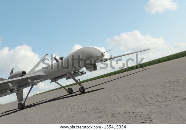 Military\
drone standing on runway with clouds in the\
sky