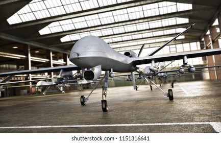 Military Drone UAV Aircraft's With Ordinance In Position In A Hangar Awaiting A Strike Mission. 3d Rendering