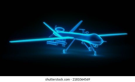 A Military Drone Wireframe Glowing Blue (3d Rendering)