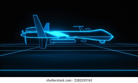 A Military Drone Wireframe Glowing Blue (3d Rendering)