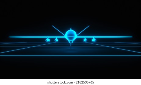 A Military Drone Wireframe Glowing Blue (3d Rendering)