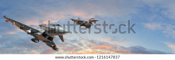 military fighter jets - modern\
armed military fighter jets flys in formation - realistic 3d\
render