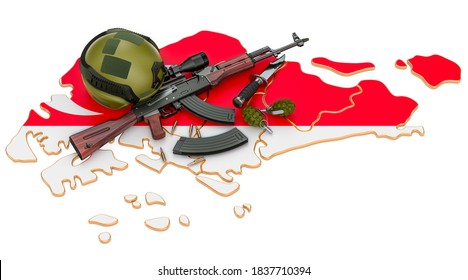 Military Force, Army Or War Conflict In Singapore Concept. 3D Rendering Isolated On White Background