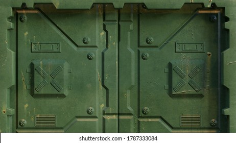 Military Green Sci Fi Door Of Spacecraft Installations And Futuristic Scientific Research Centers, Isolated. 3D Rendering