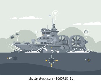 Military Hovercraft Armed. Vessel In Open Sea For Combat Mission. Illustration