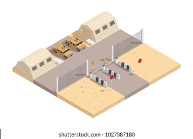 Military Isometric Composition With Guarded Military Base And With The Necessary Equipment  Illustration