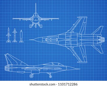 Military jet aircraft drawing blueprint design. Aircraft military plan blueprint illustration