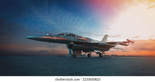 Military Jet Aircraft Parked On Runway In Sunset. 3d Render And Illustration.