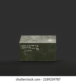 Military Metal Crate, Green Color Storage Box, 3d Rendering, Nobody