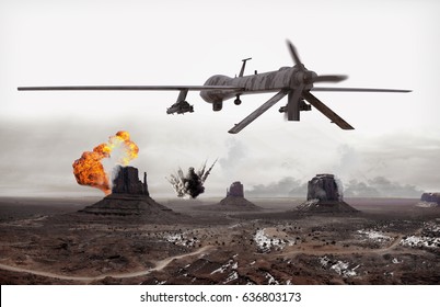 Military Predator Drone In Action. War Of Explosions 2. 3d Render