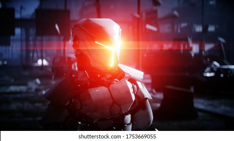 Military Robot In Destroyed City. Future Apocalypse Concept. 3d Rendering.