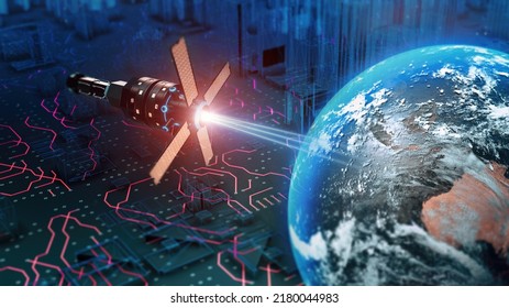 Military Satellite Tracking Enemy Positions On Battlefield From Space. Space Tactical Warfare Weapons And Data Transmission. 3D Illustration Futuristic Concept.