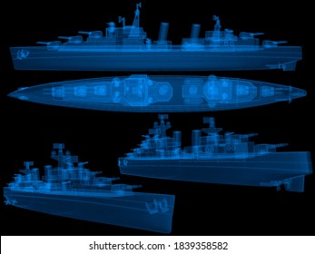 Military Ship 3d Wireframe With Thin Blue Lines. Navy Futuristic Hologram On Black Background. 3d Illustration