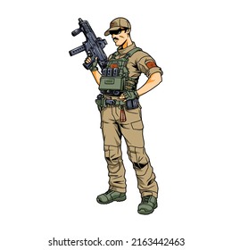 Military Soldier Mercenary With  Machine Gun, Illustration, Logo, Cartoon, Mascot, Character