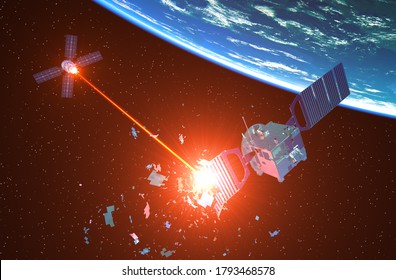 Military Spaceship Shoots Down An Enemy Satellite With A Laser Beam. 3D Illustration.