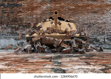 Military Tank Breaks through the Old Grunge Dirty Brick Wall. 3D Rendering