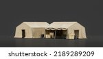 Military tent and shelter, campsite for soldiers, humanitarian aid tent, 3d rendering