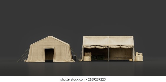 Military Tent And Shelter, Campsite For Soldiers, Humanitarian Aid Tent, 3d Rendering