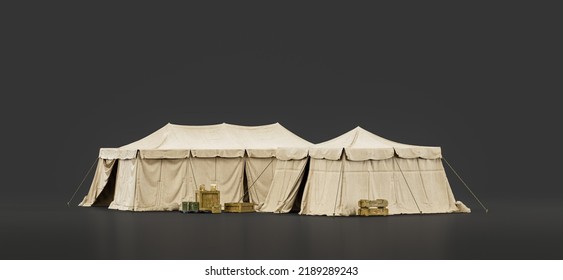 Military Tent And Shelter, Campsite For Soldiers, Humanitarian Aid Tent, 3d Rendering