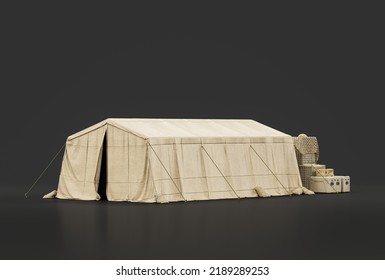 Military Tent And Shelter, Campsite For Soldiers, Humanitarian Aid Tent, 3d Rendering