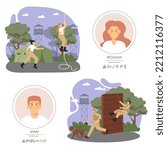 Military training composition set, flat illustration. Army soldiers male and female characters, climbing over obstacle, rope, running. Military dog training, workout, obstacle course, boot camp