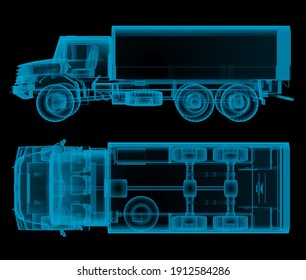 Military Truck X-ray Top And Side View. 3d Rendering