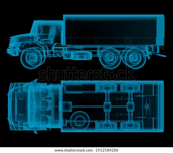 military\
truck x-ray top and side view. 3d\
rendering
