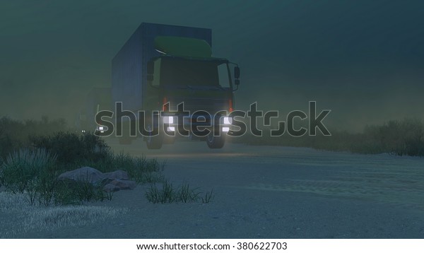 Military trucks with luminous headlights\
move on a desert road at night. Low angle view. Realistic 3D\
illustration was done from my own 3D rendering\
file.