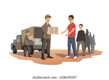 Military Or Volunteers Distribute Boxes With Humanitarian Aid. The Distribution Of Food And Basic Necessities. Illustration, Isolated On White Background. Raster Version.