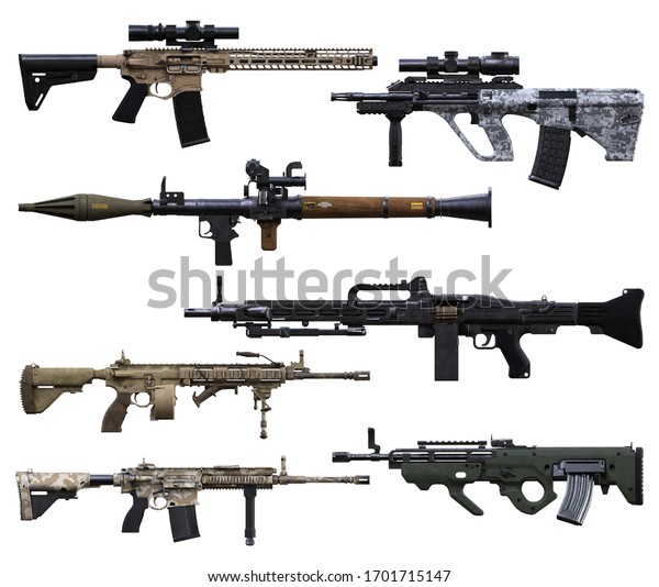 Military weapons booster pack. Various\
automatic assault rifles, belt feed machine gun\'s and RPG on an\
isolated white background. 3d\
rendering