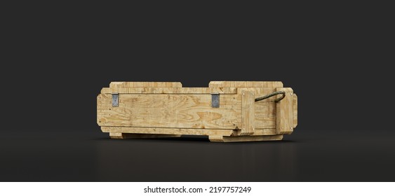 Military Wooden Crate For Ammunition And Military Arsenal, Side View Cargo Box, 3d Rendering