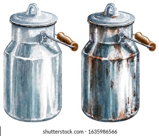 Milk can watercolor illustration, isolated on white
