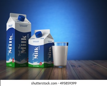 Milk Carton Packand Glass On Blue Background. 3d Illustration