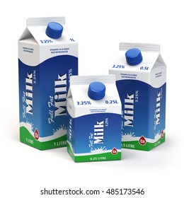 Milk Carton Packs Isolated On White. Milk Boxes. 3d Illustration