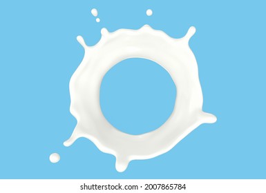 Milk circle splashes isolate on blue background, Liqiud splash, 3D Render