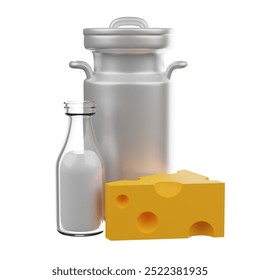 Milk container and Cheese 3D render cartoon icon 