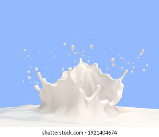 Milk Crown Splash, Splashing In Milk Pool With Blue Background.