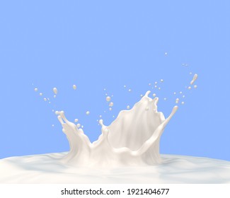 Milk crown splash, splashing in milk pool with blue background.
