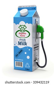 Milk Fuel - 3D Concept With Abstract Milk Carton Package And Gas Nozzle