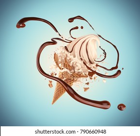 Milk Ice Cream Cone With Chocolate Syrup Splash Or Swirl, Cracked Wafer Cone, With Clipping Path 3d Illustration.