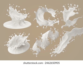 Milk splash isolated on brown background, yogurt or milk cream 3d illustration.