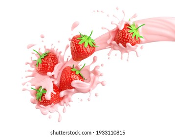 milk splash with strawberry isolated on white background, 3d illustration.