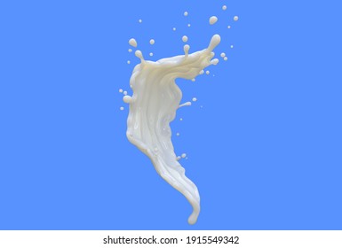 Milk splashes curve isolate on blue background, Liqiud splash, 3D Render