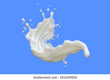 Milk splashes curve isolate on blue background, Liqiud splash, 3D Render
