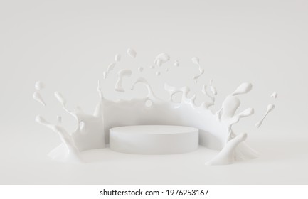 Milk Splashing In The Podium White Isolated On White Background, 3d Rendering